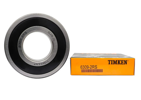 6309 2RS Double Rubber Sealed Ball Bearing with 45 mm bore, 100 mm OD, next to branded packaging