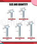 Diagram showing sizes of 40 Piece Tee Bolt Set In 5 Sizes 1/4-20 T Bolts For T Track And Slot Jigs ranging from 1in to 2in
