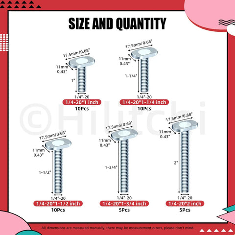 Diagram showing sizes of 40 Piece Tee Bolt Set In 5 Sizes 1/4-20 T Bolts For T Track And Slot Jigs ranging from 1in to 2in