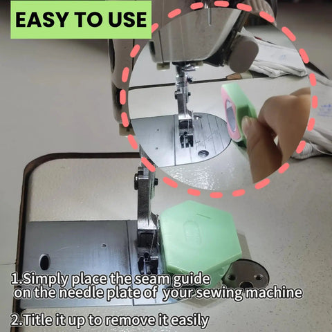 A Magnetic Seam Guide Set for Sewing Machines installed on a needle plate, showing easy setup and fabric alignment.
