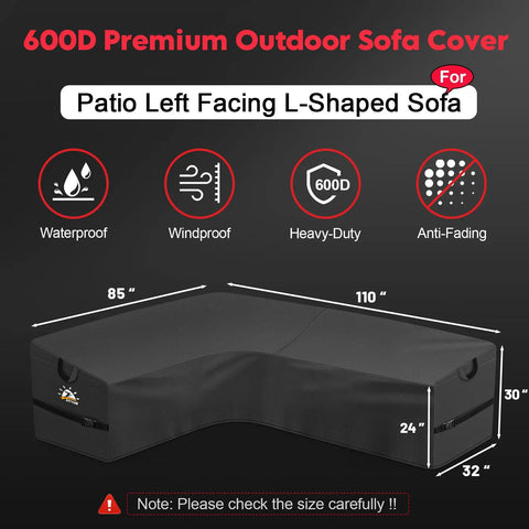 Heavy Duty 600D Waterproof Outdoor L Shaped Sectional Cover for 6 Seater Left Facing Sofa 85W By 110L By 32D Inches Patio Couch Cover Built Tough For All Weather Protection, showcasing waterproof, windproof, heavy-duty, anti-fading features with dimensions.