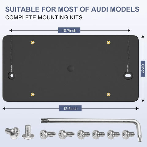 Audi Rear License Plate Bracket Holder Fits A3 S3 RS3 A4 S4 RS4 A5 S5 RS5 A6 S6 RS6 A7 S7 RS7 Q3 Q5 SQ5 Q4 e-tron 2011-2025 2004-2025 Car Tag Frame Mounting Kit dimensions and components displayed