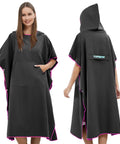 Front and back view of hooded towel changing poncho with kangaroo pocket in gray for surfing and outdoor adventures.