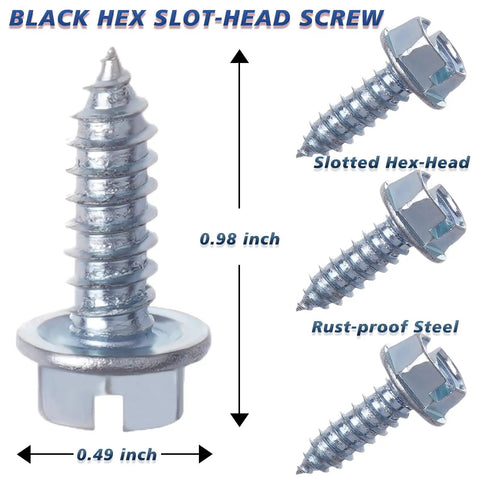 Straight Up Premium Chrome License Plate Screws For Your Sweet Ride Rustproof Anti Rattle Bolt Kit 100 Piece Set close-up of hex slot-head screw with measurements.