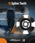 Close-up of 15-spline aluminum boat propeller on water, Beefy 14 X 19 Aluminum Boat Propeller With Hub Kit For Mercury 135 To 300 HP Outboards