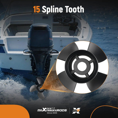 Close-up of 15-spline aluminum boat propeller on water, Beefy 14 X 19 Aluminum Boat Propeller With Hub Kit For Mercury 135 To 300 HP Outboards