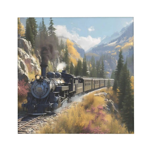 Dope Steam Locomotive Train Framed Canvas Wall Art, Square Canvas Print depicting a train in a colorful mountain landscape.