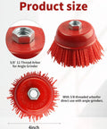 4 Inch Nylon Cup Brush For Angle Grinder And Drill With 5/8-11 Threaded Arbor, red nylon brush showing top and bottom views