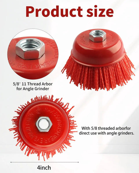 4 Inch Nylon Cup Brush For Angle Grinder And Drill With 5/8-11 Threaded Arbor, red nylon brush showing top and bottom views