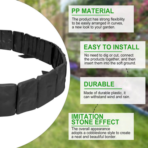 No Dig Garden Edging Border With Landscape Anchoring Spikes Black Stone Effect Plastic Lawn Edging Fencing in close-up