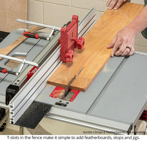 Rock Solid 36 Inch Auxiliary Rip Fence For Table Saw Job Site Extension featuring T-slots used for precise ripping of wood on table saw.