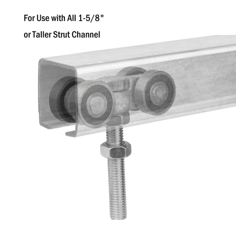Four Wheel Unistrut Trolley Assembly Roller in steel with M10 bolt for silent smooth operation, suitable for 1-5/8 inch strut channel.