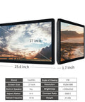 Slick 27 Inch Android 11 Touchscreen Monitor, FHD 1080P Smart All In One PC viewed from the side showing dimensions and features.