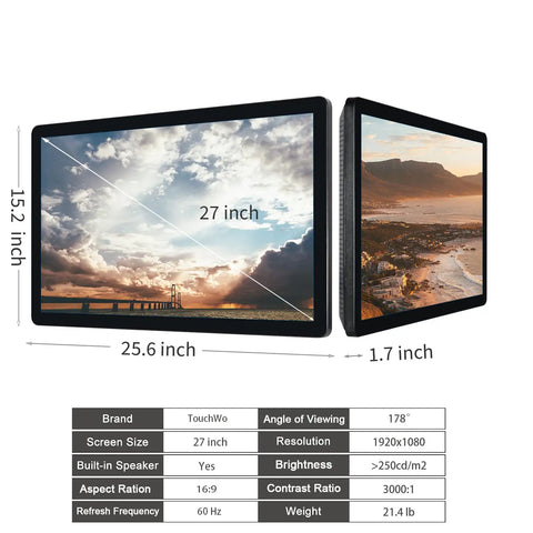 Slick 27 Inch Android 11 Touchscreen Monitor, FHD 1080P Smart All In One PC viewed from the side showing dimensions and features.