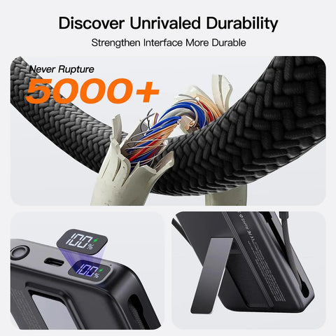 Magnetic Portable Charger With Built In Cable 10000mAh Power Bank Featuring Smart Led Display And Quick Charge close-up of durable charging cable.