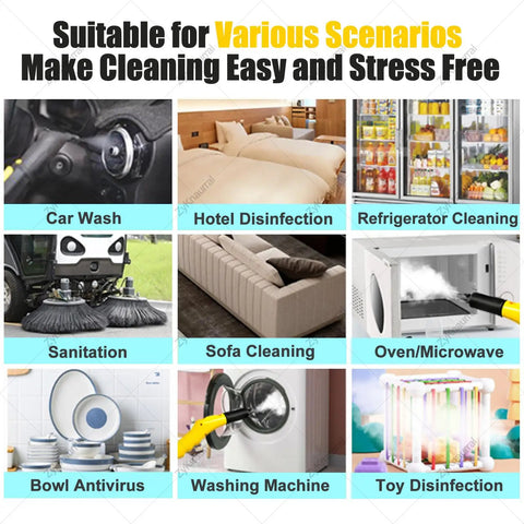 3000W Commercial Steam Cleaner With High Temp 3.5L Tank For Heavy Kitchen And Auto Detailing Jobs cleaning various items like sofas and microwaves.