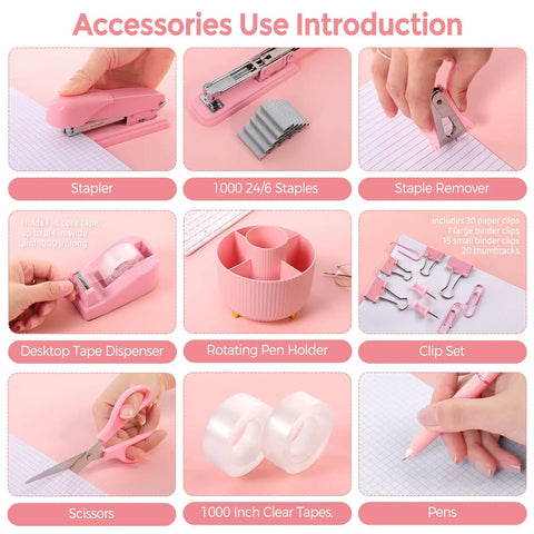 Pink Desk Accessories Set For Home Office 10 Piece Including 360 Degree Rotating Pen Holder Stapler Staple Remover Tape Dispenser