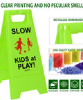 Bright Green Slow Down Kids At Play Sign For Street Caution Children Playing Outdoor Safety Sign For Driveways Yards And Neighborhood Roads 3 Pack Durable Weatherproof Plastic Set - front view with material details
