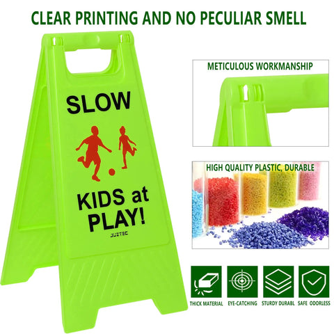 Bright Green Slow Down Kids At Play Sign For Street Caution Children Playing Outdoor Safety Sign For Driveways Yards And Neighborhood Roads 3 Pack Durable Weatherproof Plastic Set - front view with material details