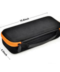 Universal Air Pump Case Storage Bag For Cordless Tire Inflator with orange zipper, shown with dimensions 10.6x4.3x2.4 inches.