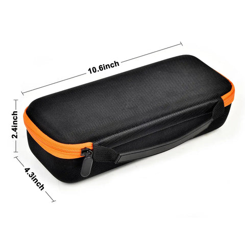 Universal Air Pump Case Storage Bag For Cordless Tire Inflator with orange zipper, shown with dimensions 10.6x4.3x2.4 inches.
