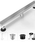Linear Shower Drain 12 Inch With Brushed Nickel Finish 304 Stainless Steel Floor Drain Removable Grate Adjustable Leveling Feet