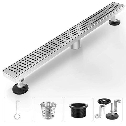Linear Shower Drain 12 Inch With Brushed Nickel Finish 304 Stainless Steel Floor Drain Removable Grate Adjustable Leveling Feet