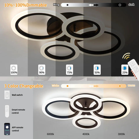 34W Dimmable LED Ceiling Light With Four Ring Black Flush Mount 3000K To 6000K Color Temp Remote Control 2720 Lumens