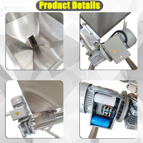 Automatic Screw Powder Feeding Machine Integrating Vibrating Hopper Inclined Conveyor 220V Heavy Duty Industrial Loader, close-up of stainless steel hopper and motor.