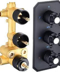 Solid Brass Three Way Thermostatic Shower Diverter Valve Set In Matte Black Dope Finish With Concealed Mixing Valve And Trim