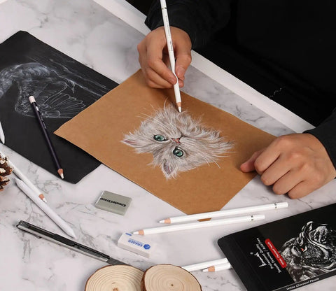 White Charcoal Pencils Set 12 Piece For Dark Paper Drawing And Sketching in use, sketching cat on brown paper with black drawings of cat skeleton visible.