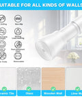 Pair Of Adjustable White Spring Tension Curtain Rods 28 To 48 Inches No Drill No Tools Easy Install Non Slip For Windows Doors Bathrooms And Doorways Anywhere with various wall compatibility icons including ceramic tile, glass, and wood.