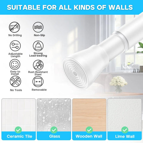Pair Of Adjustable White Spring Tension Curtain Rods 28 To 48 Inches No Drill No Tools Easy Install Non Slip For Windows Doors Bathrooms And Doorways Anywhere with various wall compatibility icons including ceramic tile, glass, and wood.