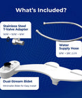 Image showing the included parts for the Dual Stream Fresh Water Bidet Toilet Seat Attachment Non Electric For Elongated Seats.
