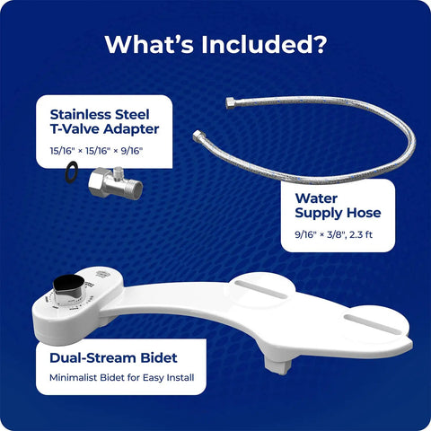 Image showing the included parts for the Dual Stream Fresh Water Bidet Toilet Seat Attachment Non Electric For Elongated Seats.