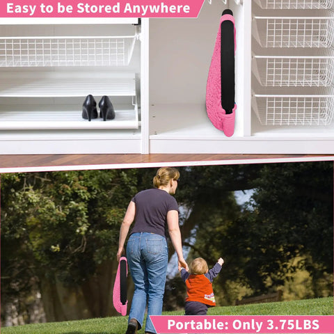 Kid Friendly Rope Swing Seat For Indoor Outdoor Playset, compactly stored on shelf and carried by parent and toddler outdoors, Pink
