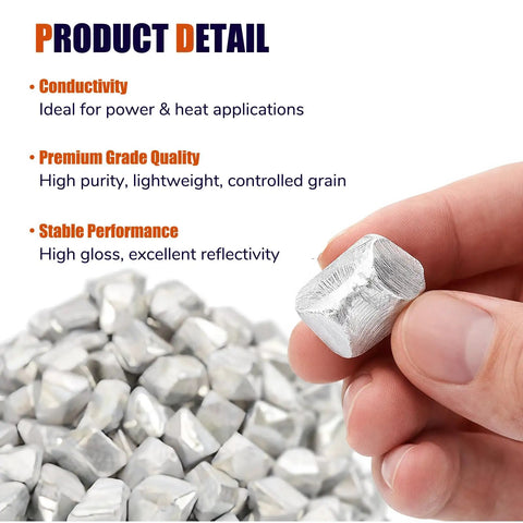 Premium Grade 99.6 Percent Pure Aluminum Ingots And Pellets Pack One Pound Raw Metal Blocks in hand with shiny surface details.