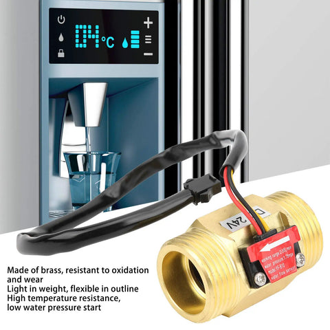 Water Flow Meter With Counter Hall Effect Sensor YF B10 Brass Body G1 Male Thread 2 To 50 Liters Per Minute DC24V For Water Heaters And Pipes Accurate Flow Readout No Fuss Readout For Everyday Use next to a digital display panel.