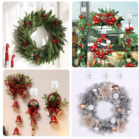 Adhesive Hooks Heavy Duty 15 Lbs Max Reusable Transparent Stick On Wall Hangers display wreaths and decorations without nails