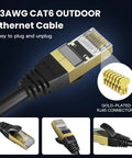 Gold-plated RJ45 connector of Cat 6 Ethernet Cable 100 Ft Outdoor Indoor 23AWG 10Gbps High Speed Weatherproof