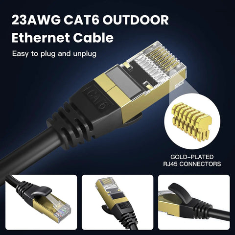 Gold-plated RJ45 connector of Cat 6 Ethernet Cable 100 Ft Outdoor Indoor 23AWG 10Gbps High Speed Weatherproof