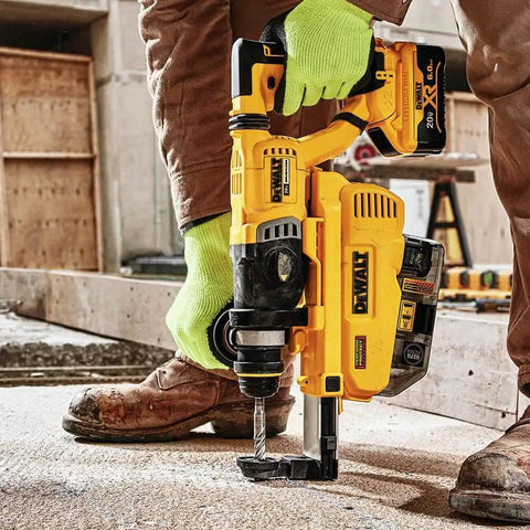 High Octane 20v Max Rotary Hammer Kit with rigid D handle drilling into concrete surface on a construction site.