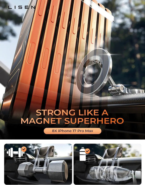 MagSafe Car Mount For iPhone 17 Pro Max With 24 Strong Magnets showcased with mounting capabilities and strength test.
