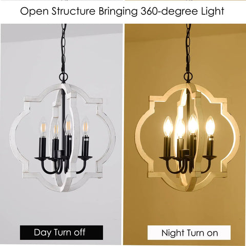 Plug In Pendant Chandelier With 16.4 Ft Cord, White Orb Wood Farmhouse Outdoor Light For Gazebo, Day and Night Views