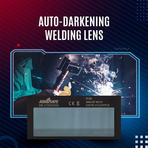 Auto Darkening 2x4 Welding Lens Shade 10 for most helmets, displayed with welding sparks in background