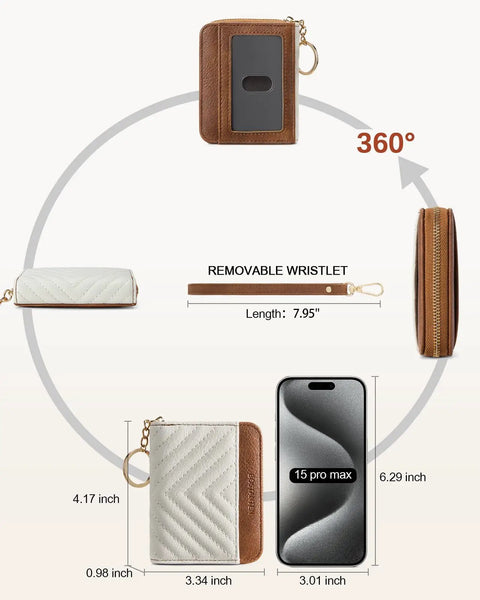 360 view of RFID Blocking Credit Card Holder Wallet For Women With Zipper Keychain Wristlet In A Small Leather Card Case, Beige And Brown, Durable Vegan Leather, Everyday Carry, Slim Yet Roomy On The Go