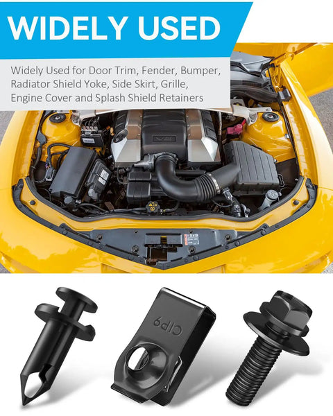 All In One 35 Piece Car Bumper Clip Kit With Body Bolts U Nuts And Fender Clips For Engine Splash Shield Front Bumper Fender Liners And Door Trim Super Easy Install Durable Black Fasteners For Quick Fixes shown with car engine view.