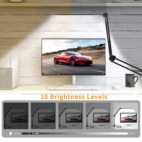 Eye-Care Swing Arm Desk Lamp With No-Fuss Clamp For Home Office illuminating a desk with adjustable brightness levels.
