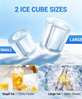 Portable Countertop Ice Maker Featuring Modular Swappable Blocks And Instant Six Minute Freeze Cycles Generating Twenty Six Pounds Of Fresh Ice Daily For Zero Hassle Super Chill Vibes showing small and large ice cubes.