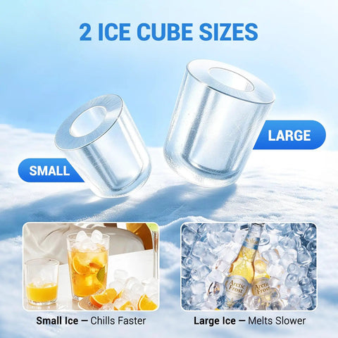 Portable Countertop Ice Maker Featuring Modular Swappable Blocks And Instant Six Minute Freeze Cycles Generating Twenty Six Pounds Of Fresh Ice Daily For Zero Hassle Super Chill Vibes showing small and large ice cubes.